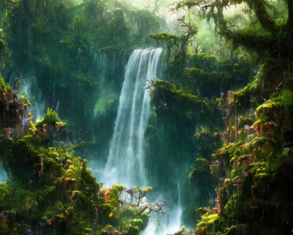Ethereal sunlight illuminates mystical waterfall in lush forest