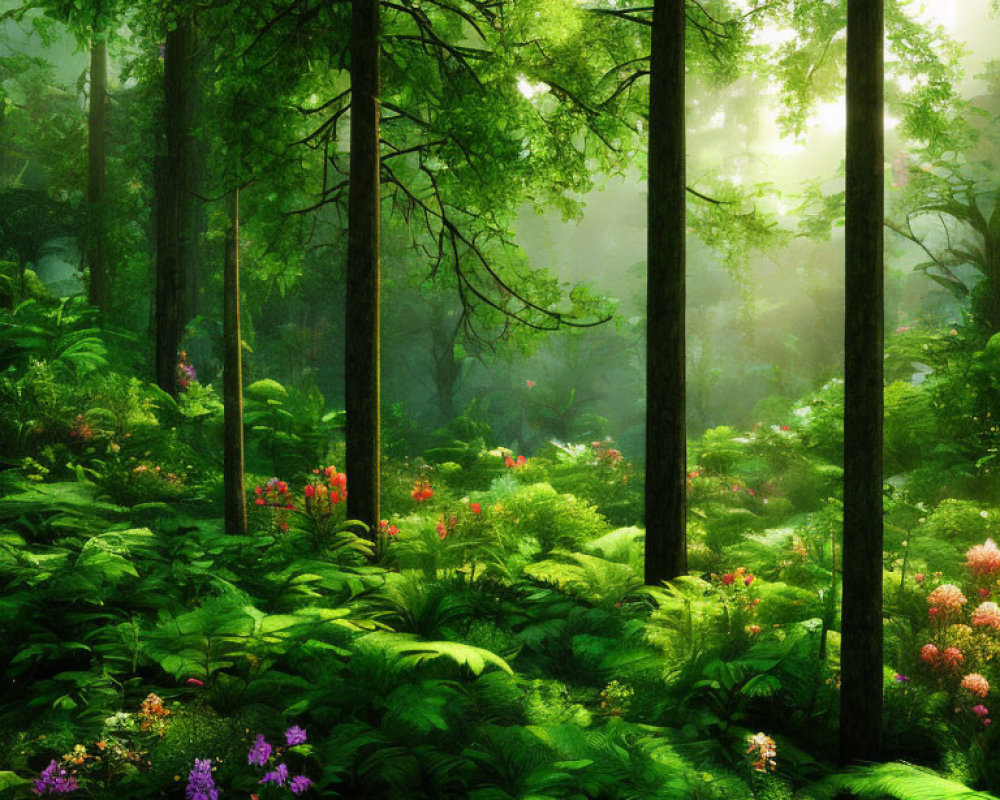 Sunlit Forest Floor with Ferns and Wildflowers