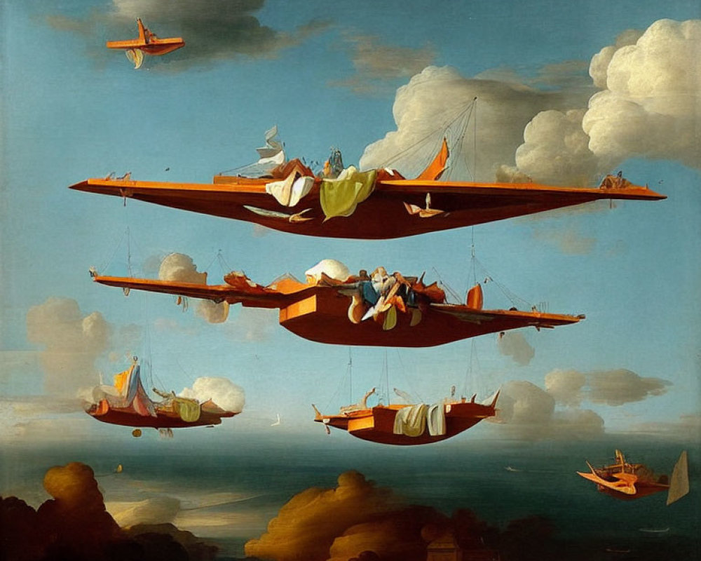 Surreal painting of mirrored ships in sky with clouds