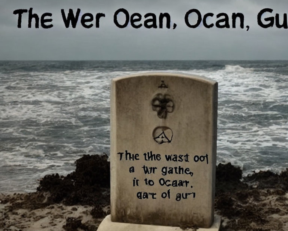 Weathered Monument with Illegible Text Facing Tumultuous Ocean