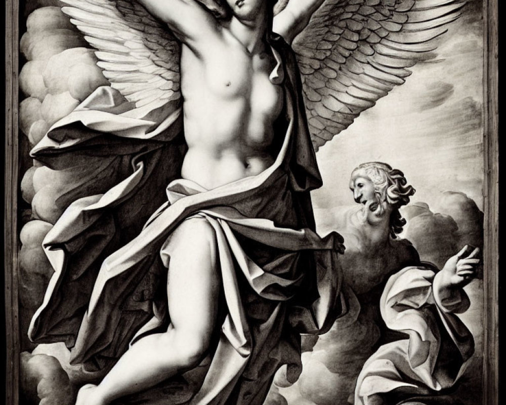 Monochrome classical sculpture of angel with wings and male figure