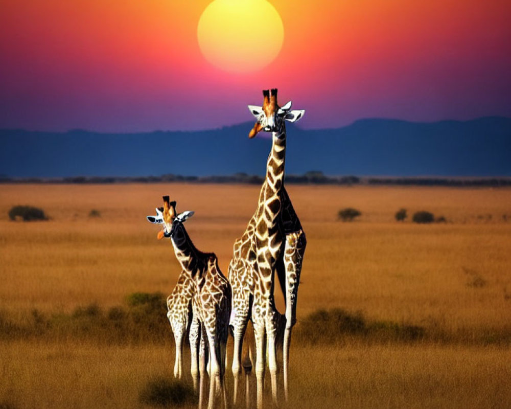 Three Giraffes Silhouetted Against Vibrant Sunset