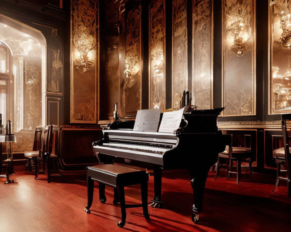 Opulent Room with Grand Piano and Golden Wall Panels