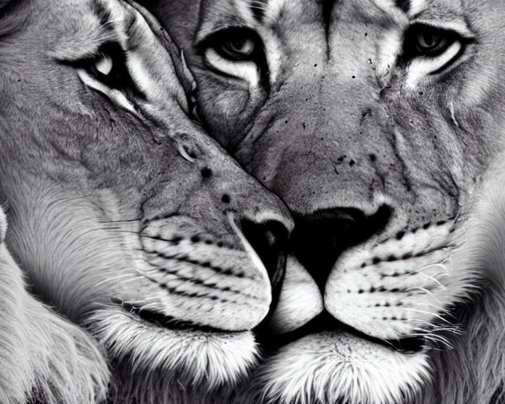 Detailed Close-Up of Two Lions Facing Each Other in Monochrome