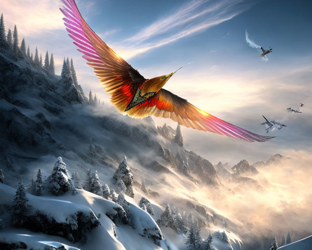 Vibrant giant bird flying over snowy mountainscape with sun and other birds