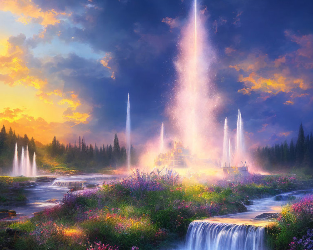 Magical landscape with waterfall, colorful flora, and ethereal light fountains