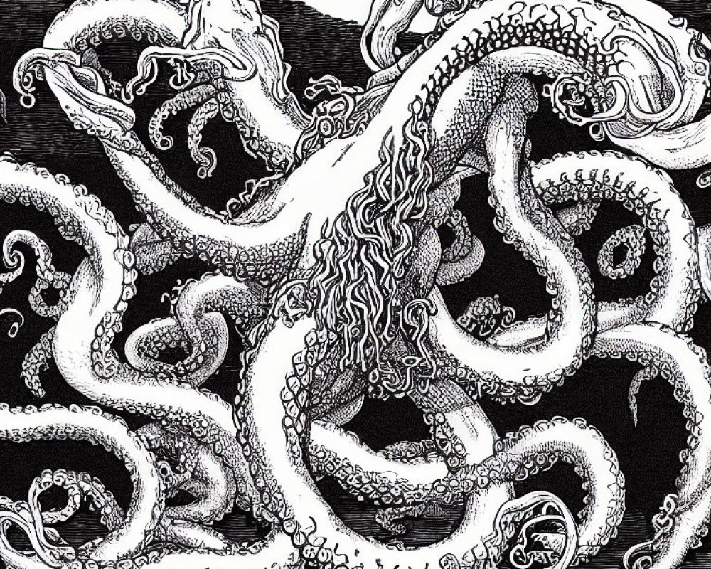 Detailed Black and White Octopus Tentacles Illustration