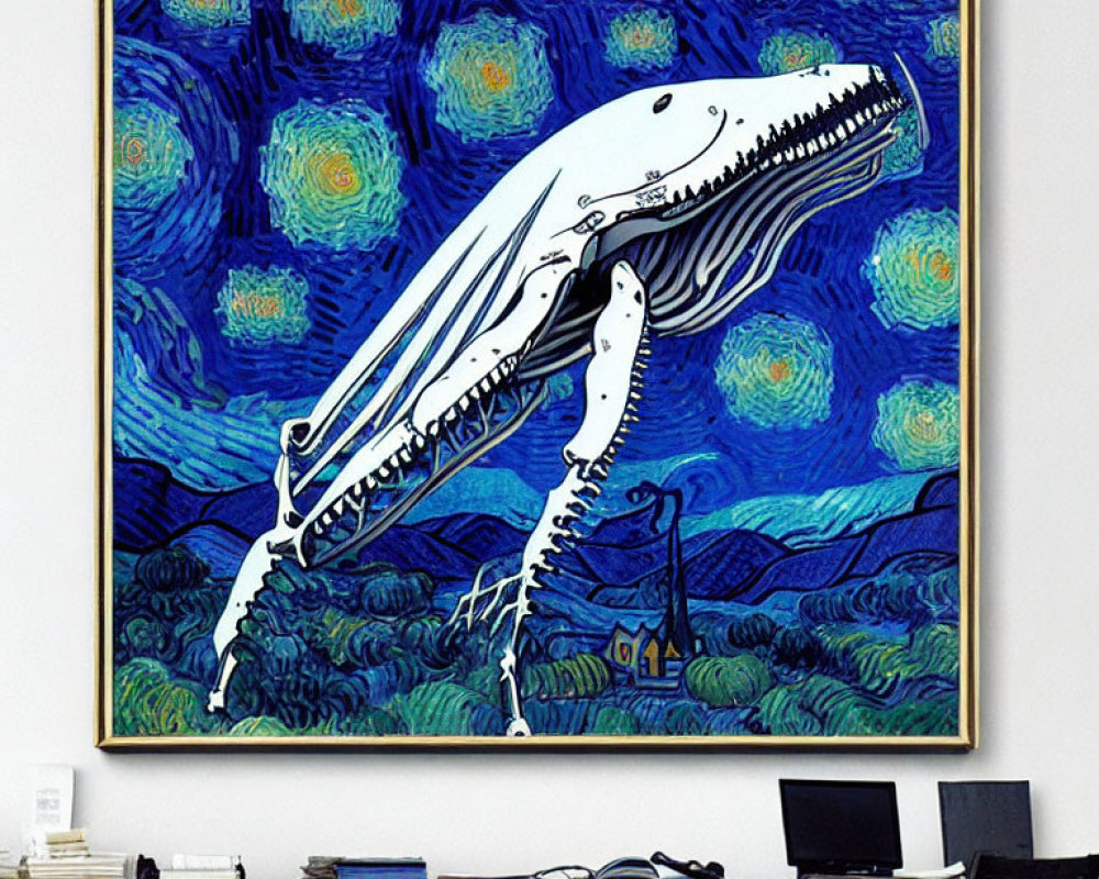 Skeletal whale painting in starry sea displayed in modern room