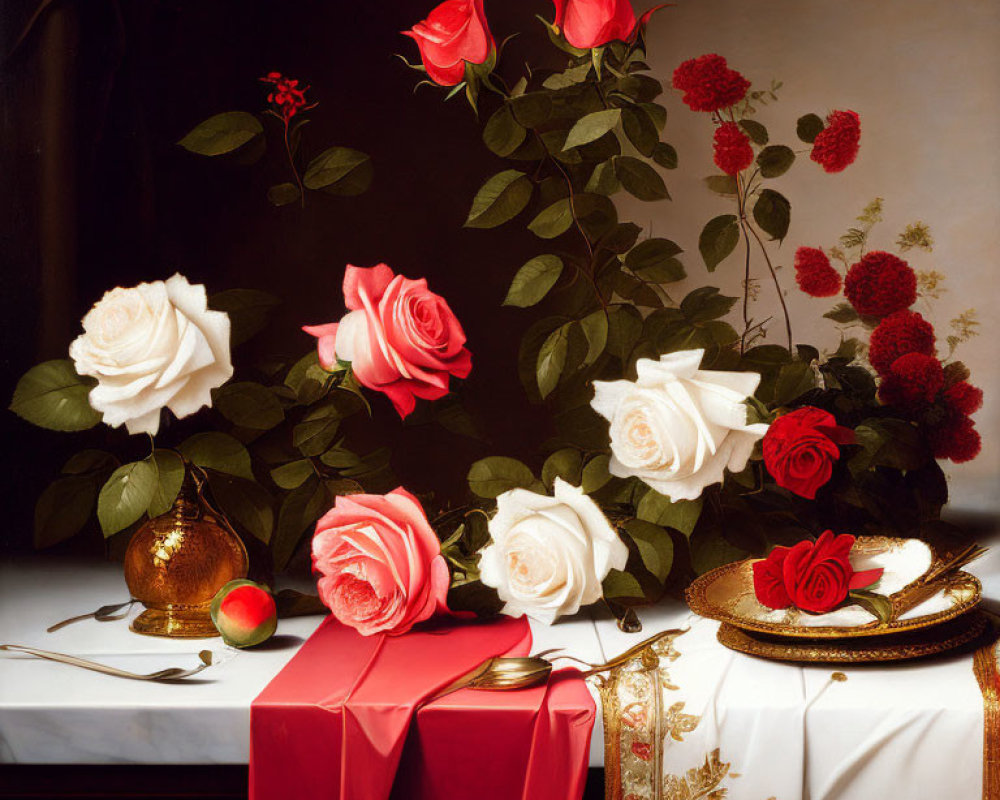 Classic Still Life with Roses, Apple, Cutlery, and Tableware