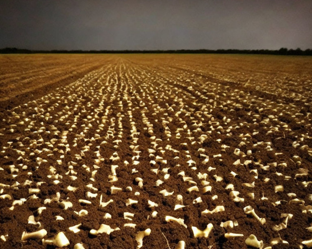 Farmland Plowed with Small White Objects under Stormy Dusk Sky