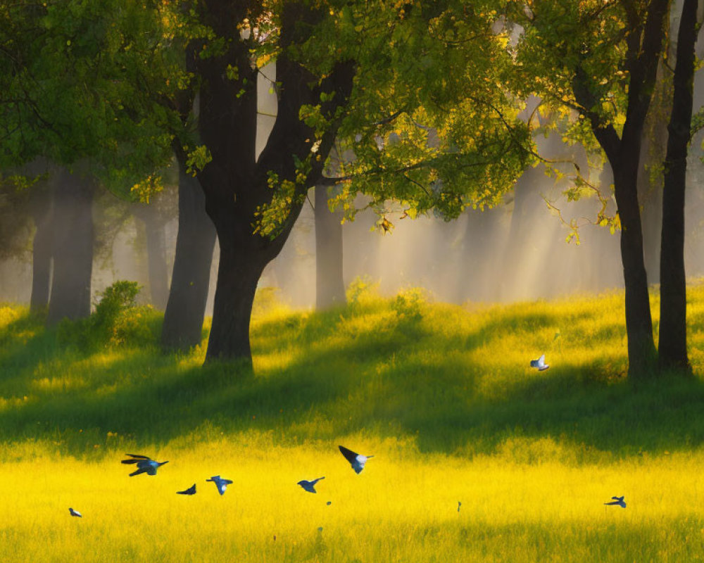 Lush Green Forest: Sunlight, Trees, Meadow, Birds in Flight