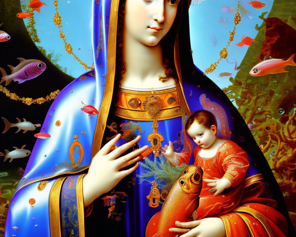 Colorful Madonna with Child painting against aquatic backdrop with fish species