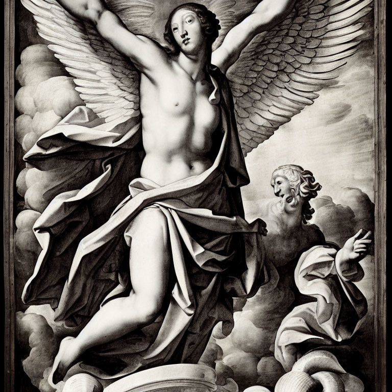 Monochrome classical sculpture of angel with wings and male figure