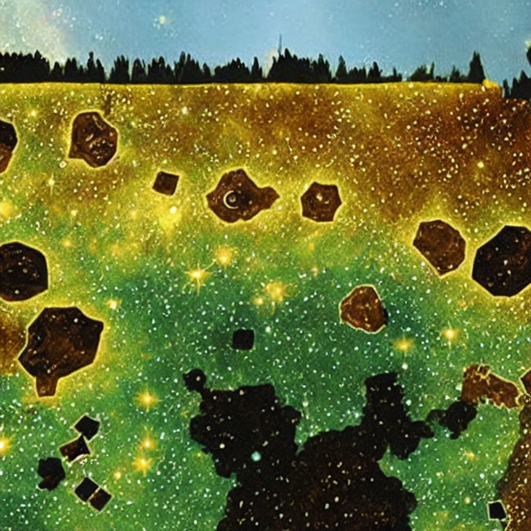 Cosmic space scene with asteroids, stars, and forest silhouette