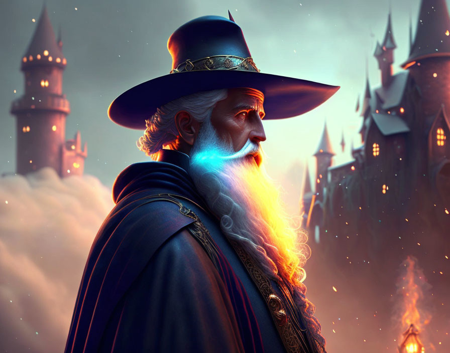 Wizard with Glowing Beard in Blue Hat and Cloak with Fantasy Castle