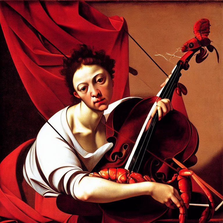 Person playing cello with lobster and parrot, red drapery background