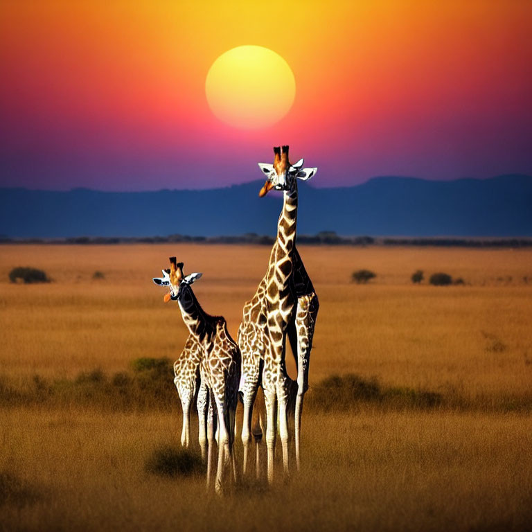 Three Giraffes Silhouetted Against Vibrant Sunset