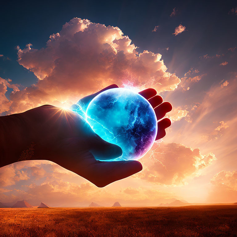 Glowing Earth-like sphere held in hand against sunset sky with pyramids