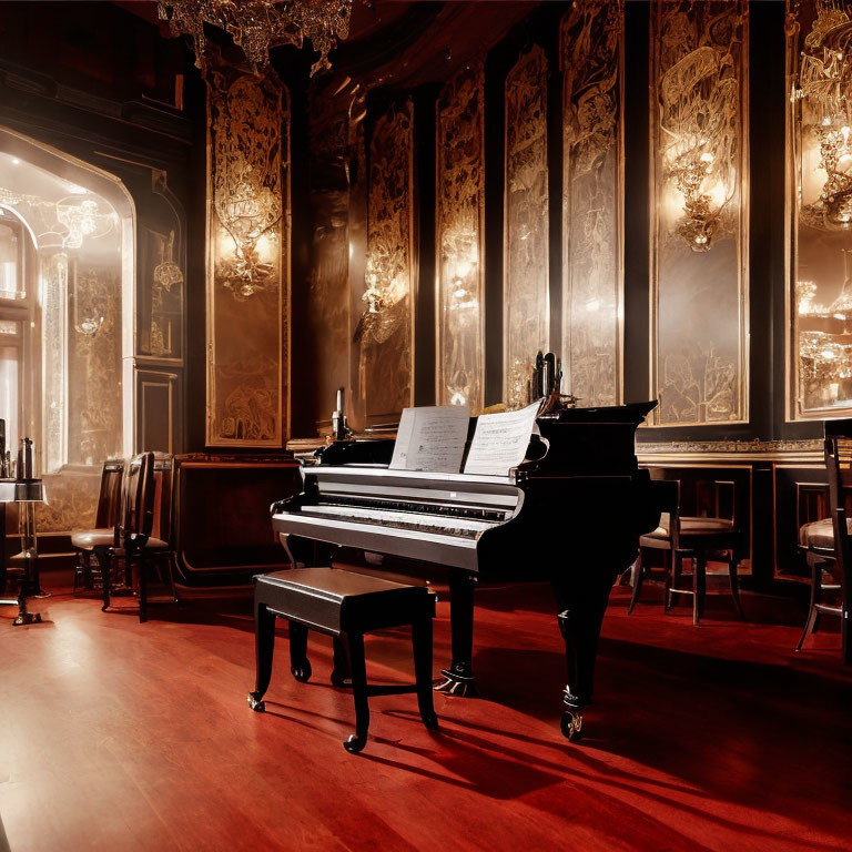 Opulent Room with Grand Piano and Golden Wall Panels