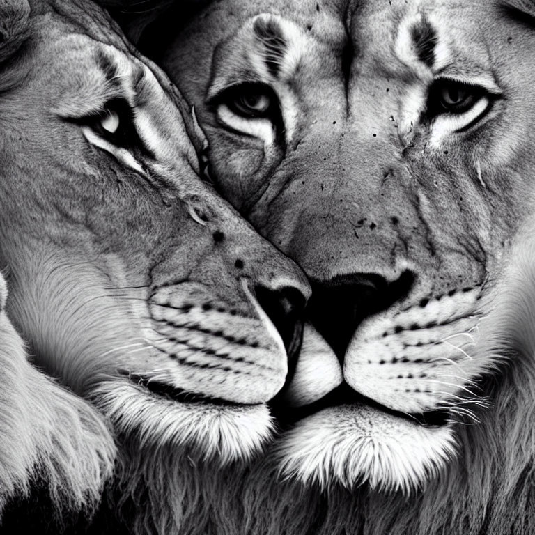 Detailed Close-Up of Two Lions Facing Each Other in Monochrome