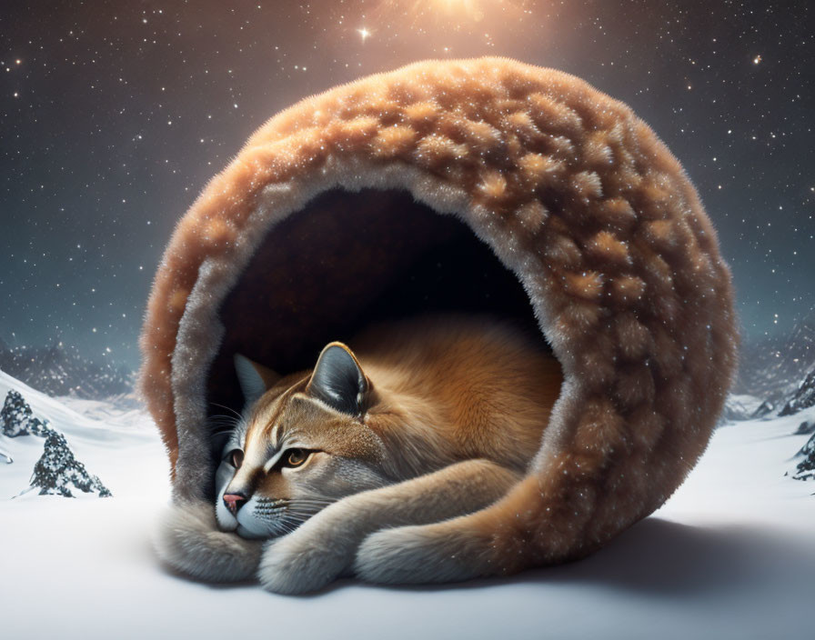 Caracal resting in cat-shaped den amidst snowy mountains