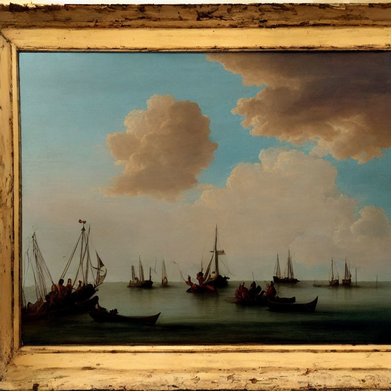 Maritime oil painting featuring sailboats on a cloudy sky