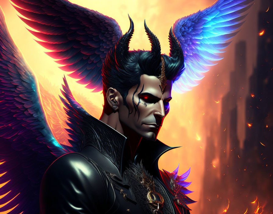 Male figure with dark hair, red eyes, horns, blue wings, fiery backdrop