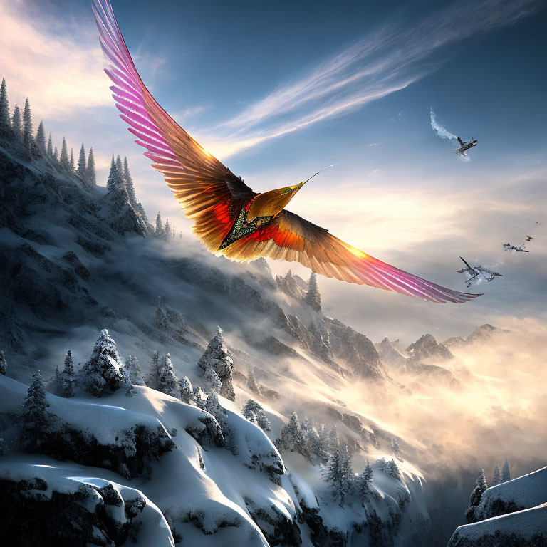 Vibrant giant bird flying over snowy mountainscape with sun and other birds