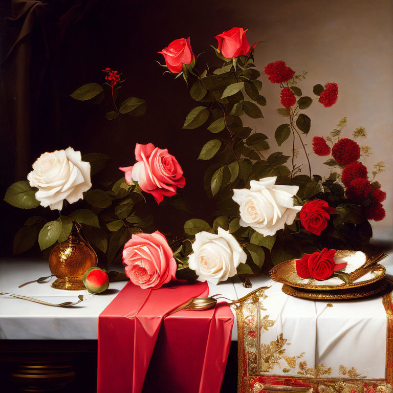 Classic Still Life with Roses, Apple, Cutlery, and Tableware