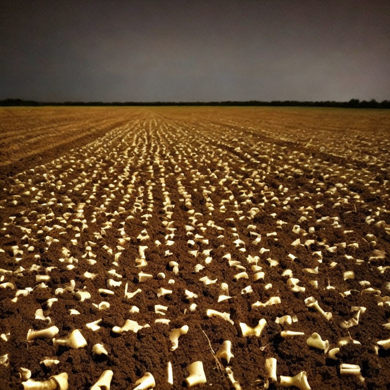 Farmland Plowed with Small White Objects under Stormy Dusk Sky