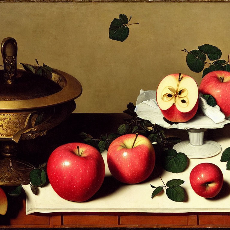 Classic Still Life Oil Painting with Red Apples and Ornate Bowl