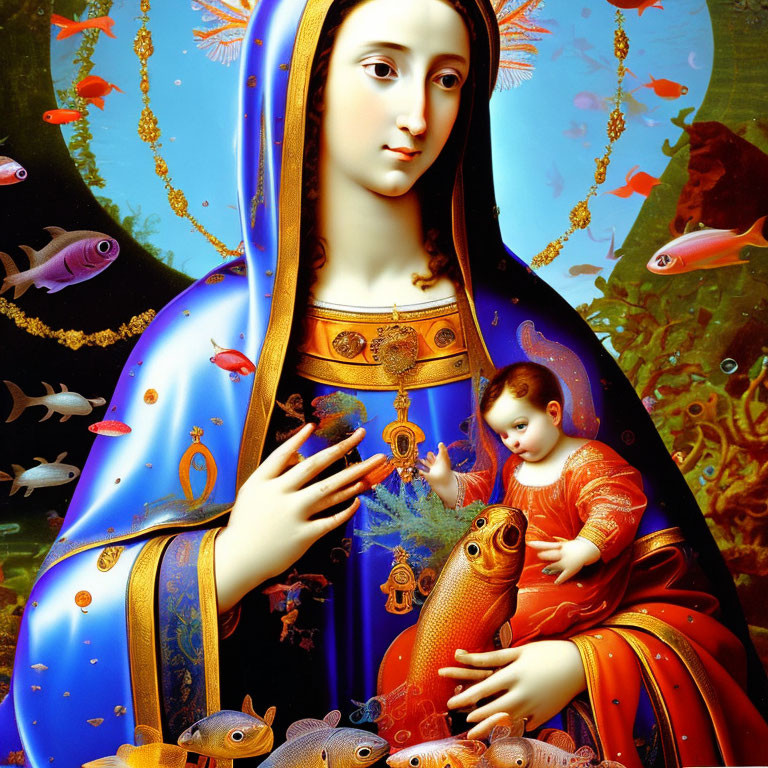 Colorful Madonna with Child painting against aquatic backdrop with fish species