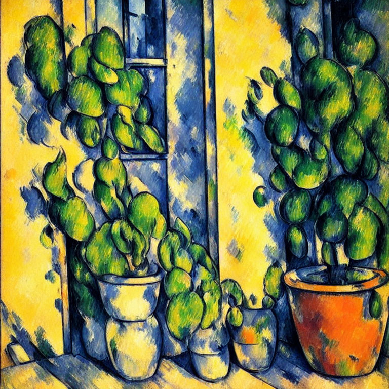 Colorful painting of potted plants by window with bold blues and yellows