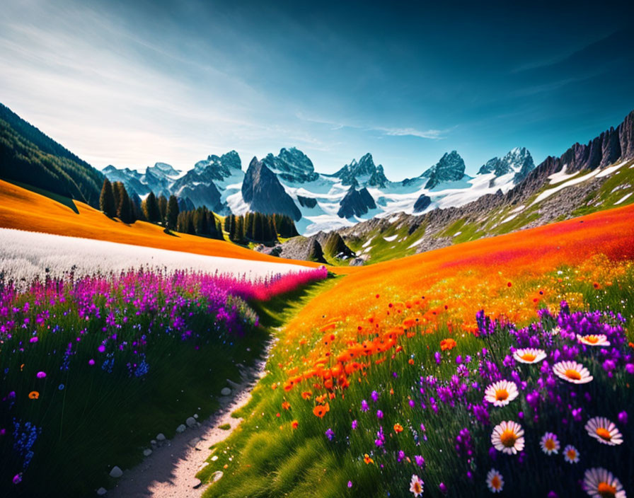 Scenic wildflower meadow with path and snow-capped mountains