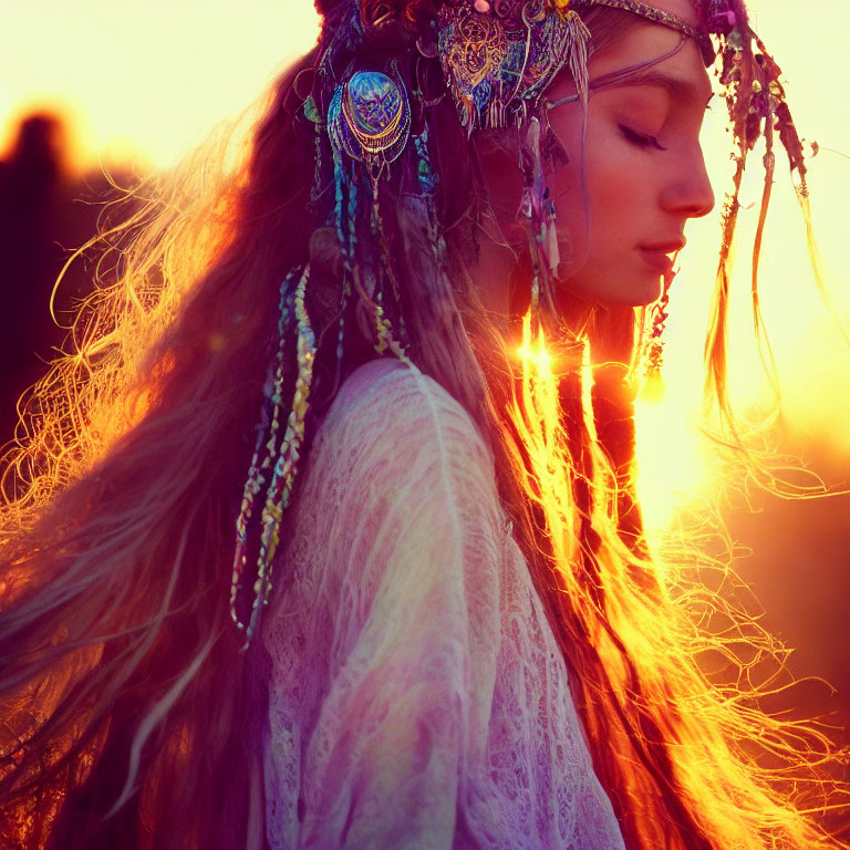 Bohemian woman with long hair in warm sunset light