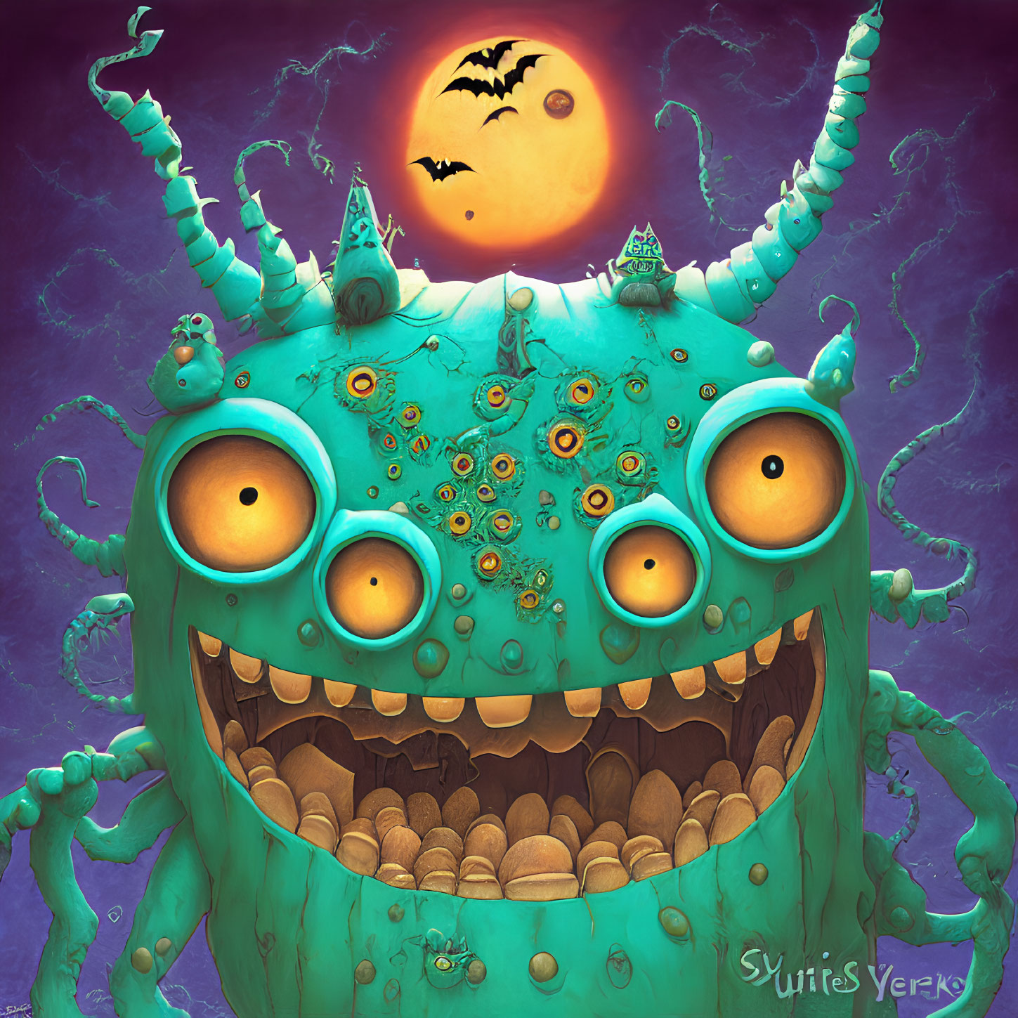 Illustration of multi-eyed green monster under spooky moonlit sky