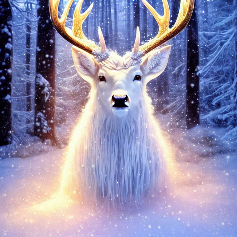 White Stag with Golden Antlers in Snowy Twilight Forest