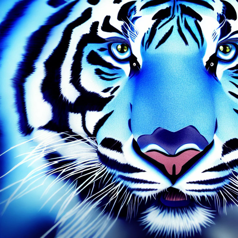 Detailed White Tiger Illustration with Blue Hues and Yellow Eyes