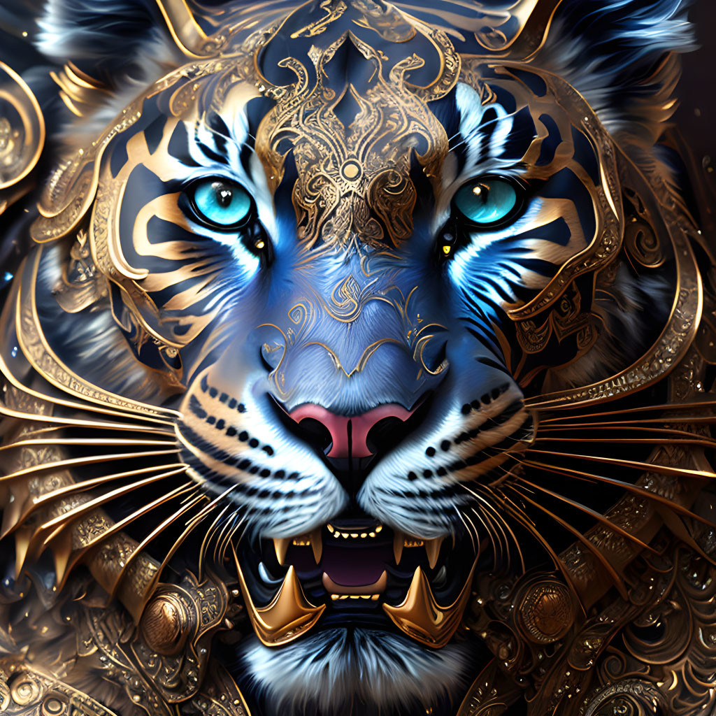 Detailed blue-eyed tiger with golden patterns and adornments