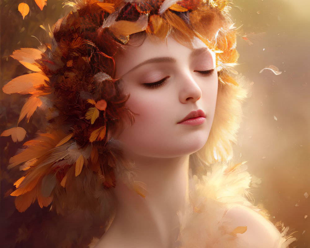 Young woman with autumn leaves and feathers headdress in golden light