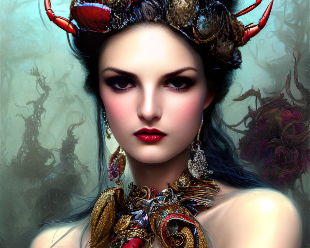 Dark-haired woman with intricate sea creature jewelry in mystical forest.