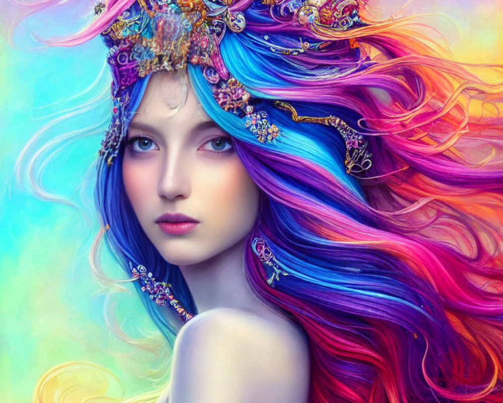 Colorful illustration of a woman with multicolored hair and ornate headpiece