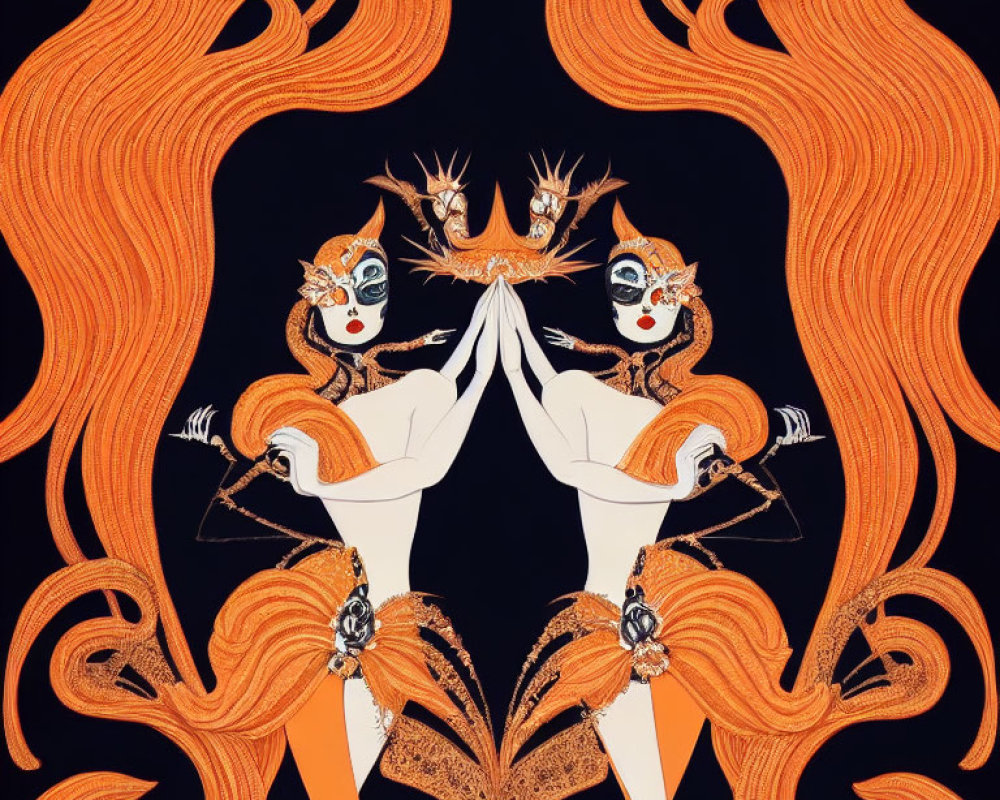 Symmetrical fox mask figures with archery bow in ornate orange patterns