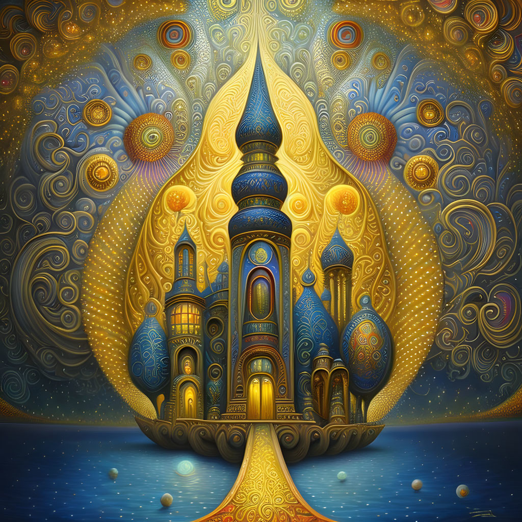 Ornate fantasy palace in golden and blue hues with swirling patterns on starry backdrop reflected in water