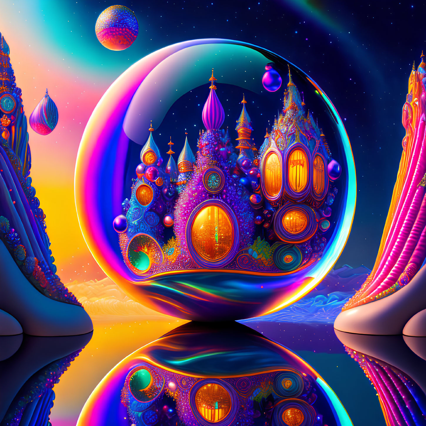 Colorful psychedelic artwork: fantastical landscape, onion-domed structures, orbs, reflective surfaces, lumin