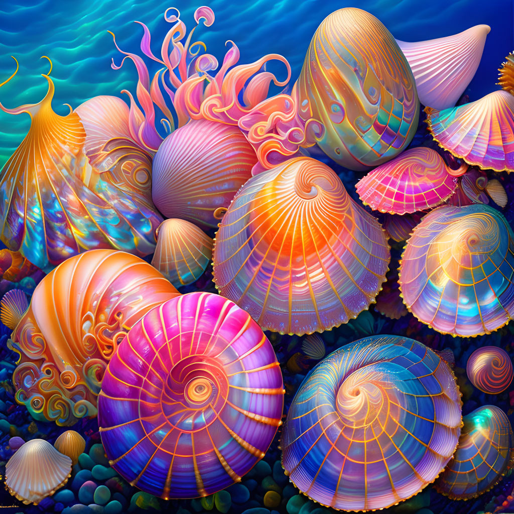 Colorful Sea Shells with Intricate Patterns on Whimsical Ocean Floor