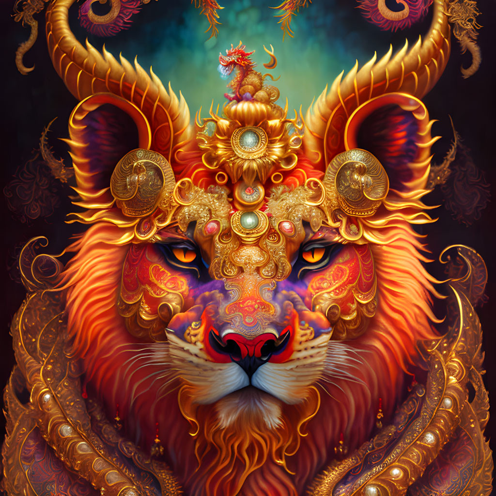 Mythical lion with orange mane and gold details