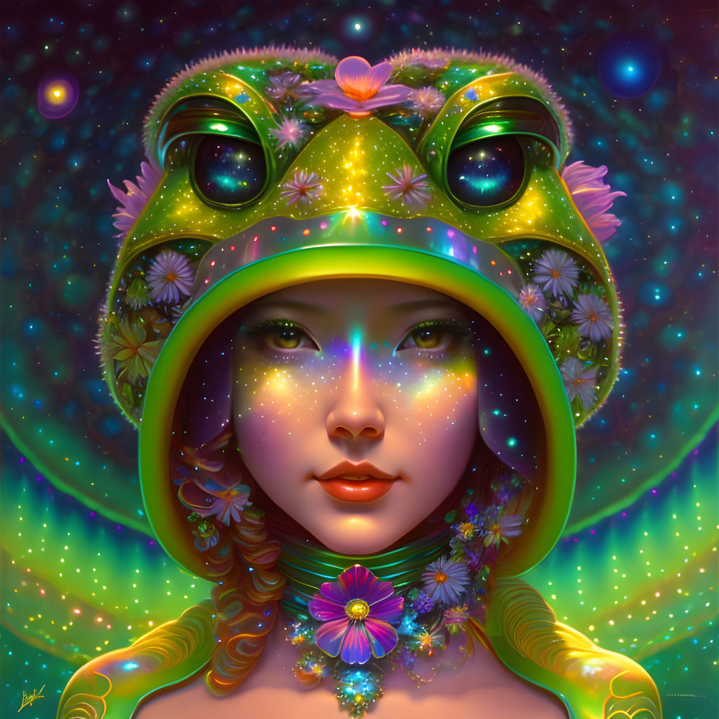 Colorful digital portrait of a woman with star-filled complexion and frog-themed hat.