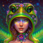 Colorful digital portrait of a woman with star-filled complexion and frog-themed hat.