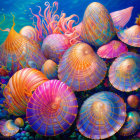 Colorful Sea Shells with Intricate Patterns on Whimsical Ocean Floor